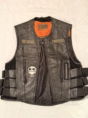 Black Leather Motorcycle Vest with Orange Liner - Patch